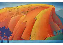 Tittel: Oransje fjell. Tresnitt 2023. Størrelse: 90 x 50 cm.